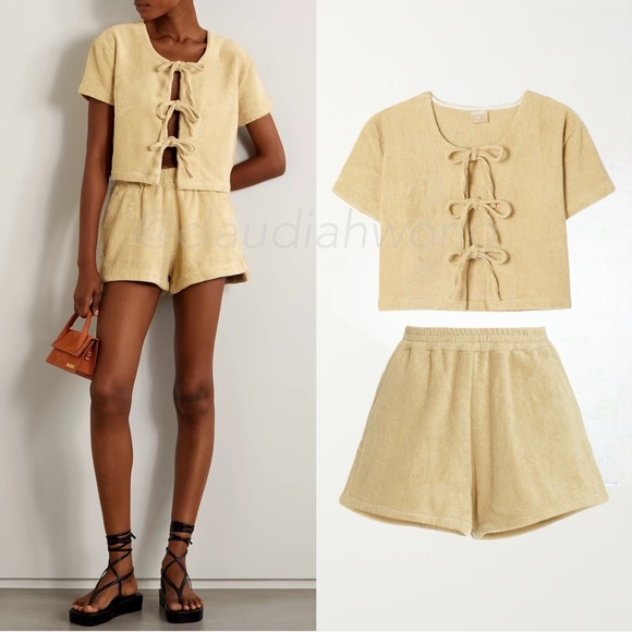 TERRY TOWELLING Tie Front Top + Estate Shorts SET in Almond Beige